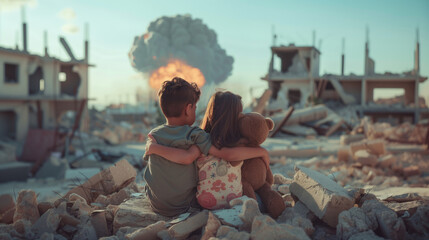 A young brother and sister sit atop a pile of rubble looking out across a war torn and devastated landscape of destroyed rubble and buildings. Distant nuclear bomb explosion. Mushroom plume - obrazy, fototapety, plakaty