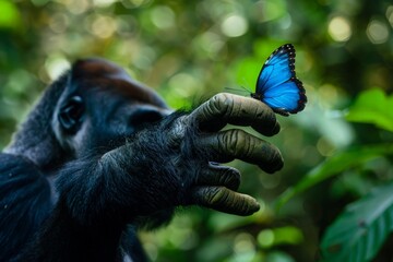 Close-up of a gorilla showing a butterfly on its finger.