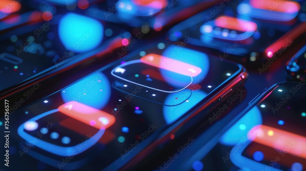 Aufkleber a close up image of a bunch of cell phones. suitable for technology concepts
