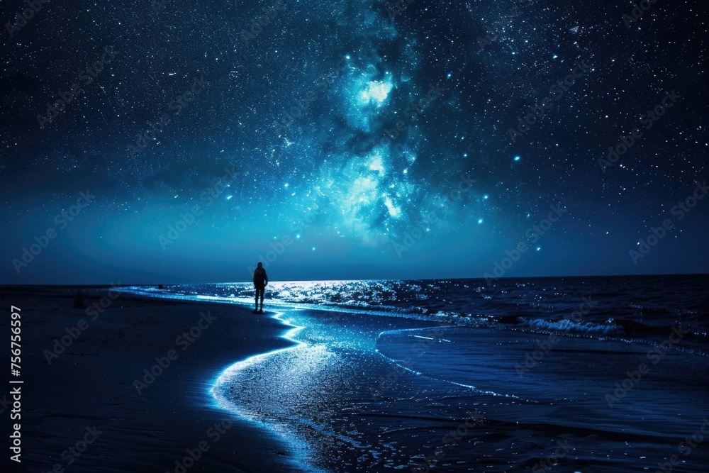 Poster a person standing alone on a beach at night. suitable for various design projects