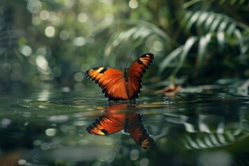 Fototapeta na wymiar An orange butterfly rests on top of a body of water, its delicate wings spread out elegantly against the reflective surface.