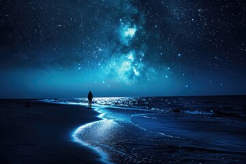 A person standing alone on a beach at night. Suitable for various design projects