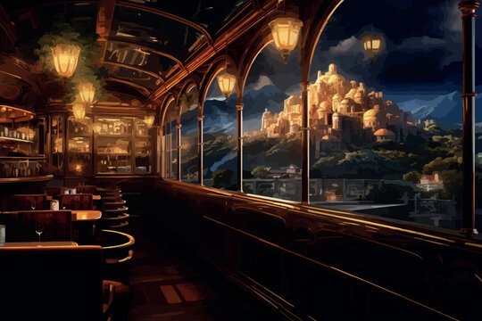 A beautiful train interior, inspired by orient express, luxury, beautiful leather sofa and chairs, ornaments and decorations. Painting, concept art, illustration, wallpaper