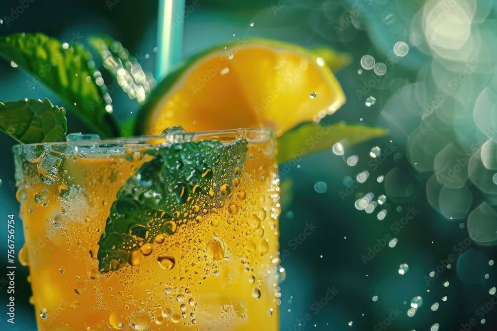 Poster close-up view of a drink with a fresh lemon slice, perfect for summer beverage concepts