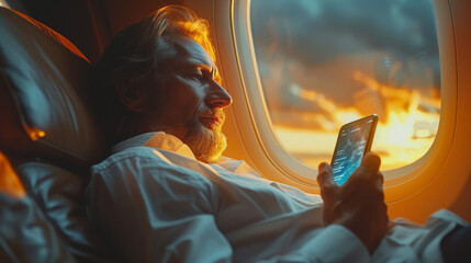 Man in White Shirt Using Smartphone on Plane, Window View

