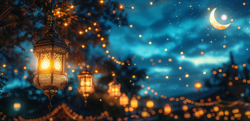Fototapeta na wymiar Ramadan night and lanterns, with new crescent and stars in the sky. Ramadan Kareem concept. Islamic lanterns on blue blurred bokeh background. Generative ai