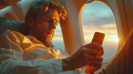 Close-Up: Passenger with Smartphone Seated by Plane Window
