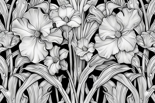 Black and white drawing of flowers on a black background. Suitable for various design projects