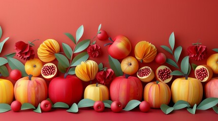 Obraz na płótnie Canvas Paper card for Rosh Hashanah, Jewish New Year Autumn Holiday Concept. Apples, Honey, Pomegranate, Traditional Products for Celebration. Generative ai