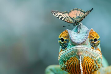 A butterfly perches delicately on top of a vibrant chameleon, showcasing intricate patterns and colors.