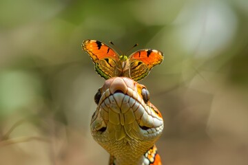 A close-up of a snake with a butterfly perched on its back, showcasing an unlikely interaction in the wild.