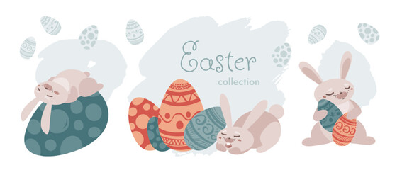 Three cute little Easter Bunnies, many big painted different eggs icons set. Funny cartoon style sign. Decorated flat holiday attribute. Simple element for advertising layout design, festive kids card