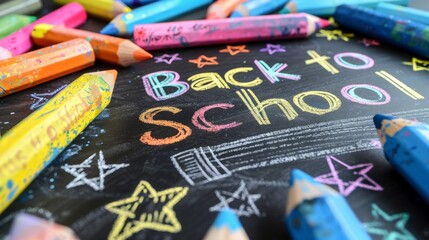 Children's drawing created with colored pencils on black chalkboard. Back to school text. Kids going to learn. Educational poster. Colorful lettering. Generative ai