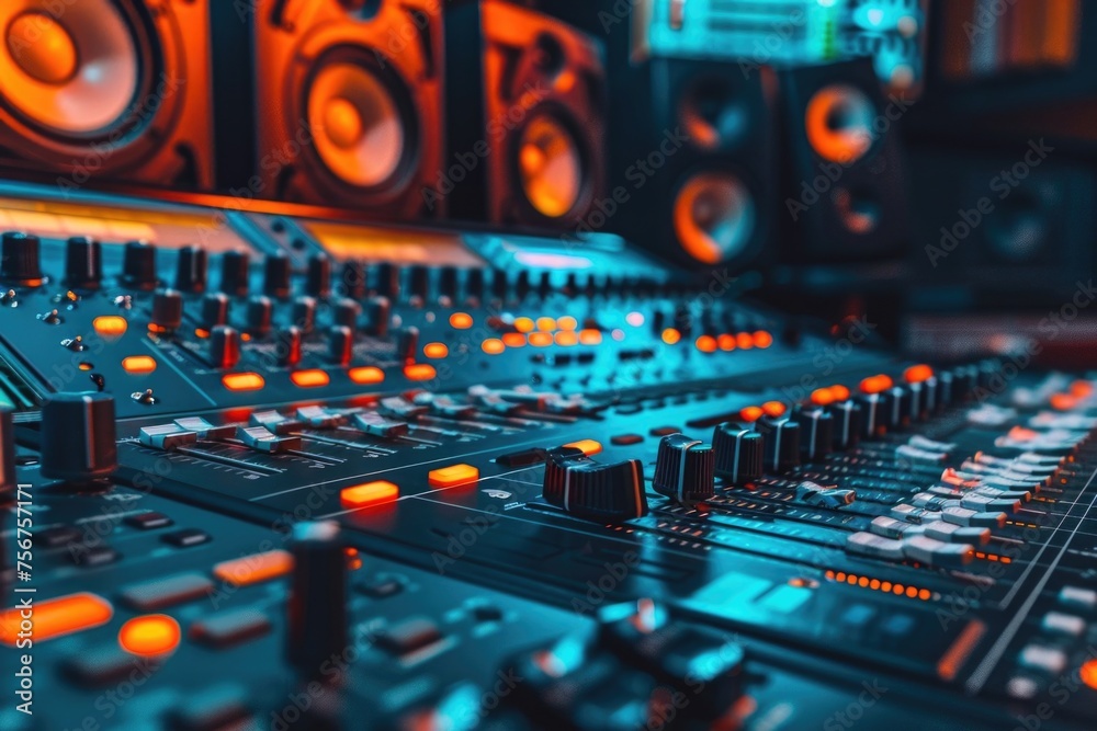 Poster detailed close up of a sound board in a recording studio. perfect for music production projects