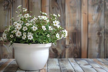 Fresh spring flowers in pot on wooden table