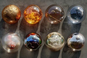 Colorful glass marbles on a wooden table. Ideal for product display or children's game concepts
