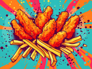 Naklejka premium Chicken nuggets colorful illustration. Pop art chicken nuggets and fries, vibrant splash. Explosion of color behind crispy chicken and golden fries. Comic style fast food frenzy, nuggets and fries