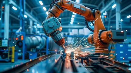Closeup of high-tech automatic robot arm in factory production line cutting and welding with laser