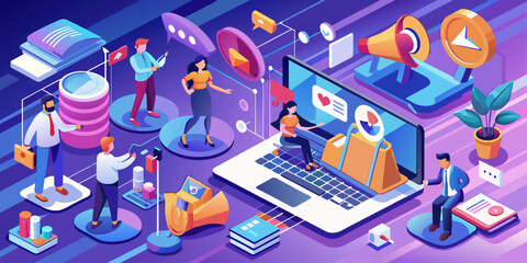Social media isometric concept with people working with laptop and social media icons vector illustration