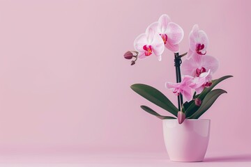 Orchid flowers in pot on pink background