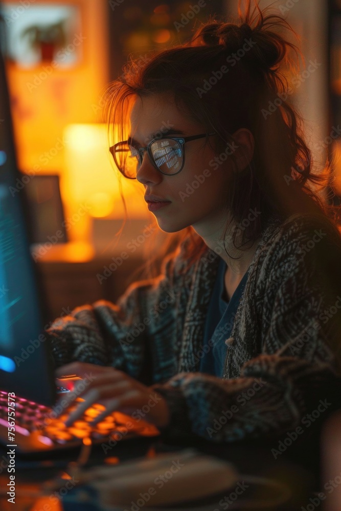 Poster A woman using a computer keyboard. Suitable for technology concepts