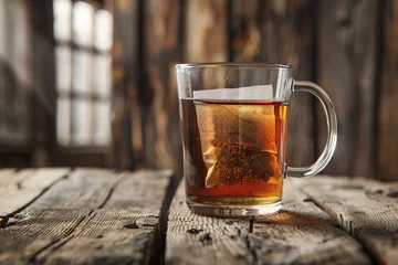 Poster Glass cup of aromatic tea with teabag on wooden background © Alina