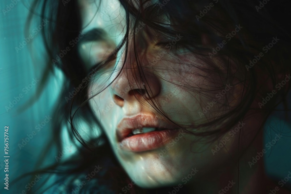 Poster close up of a woman's face with her eyes closed. suitable for various concepts and projects