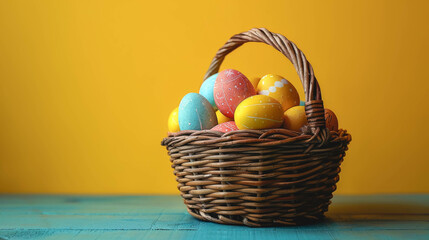 Basket with colorful eggs on yellow and blue blurred background.