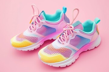 Pair of modern colorful sport shoes on pink background