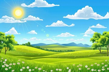 A beautiful sunny day in a green field with blooming daisies. Perfect for nature and outdoor themed designs