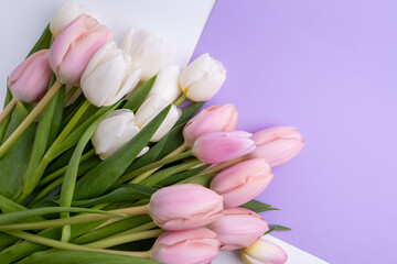 Beautiful bouquet of tulips on a light background. Place for text. Flower card