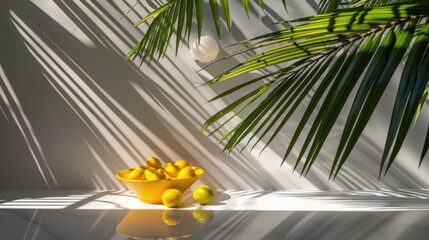 a yellow bowl filled with lemons sitting on top of a table next to a green leafy palm tree.