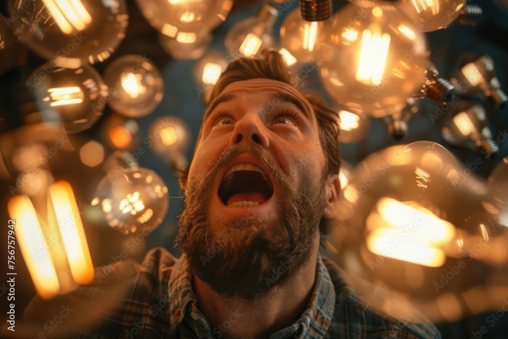 Poster a man with his mouth open looking up at a bunch of light bulbs. suitable for concepts related to inn