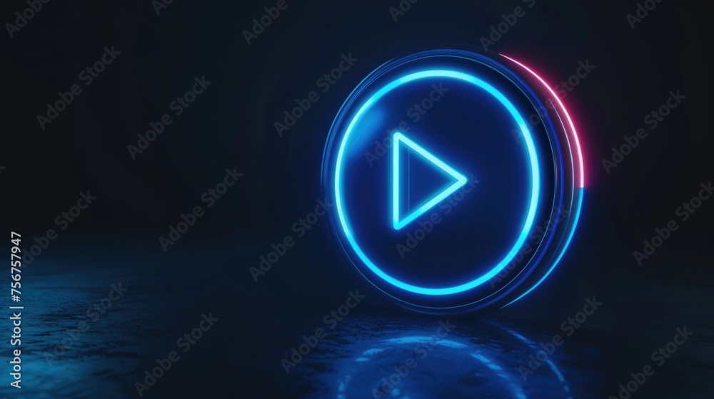 Poster A glowing blue play button in the dark. Suitable for technology and entertainment concepts