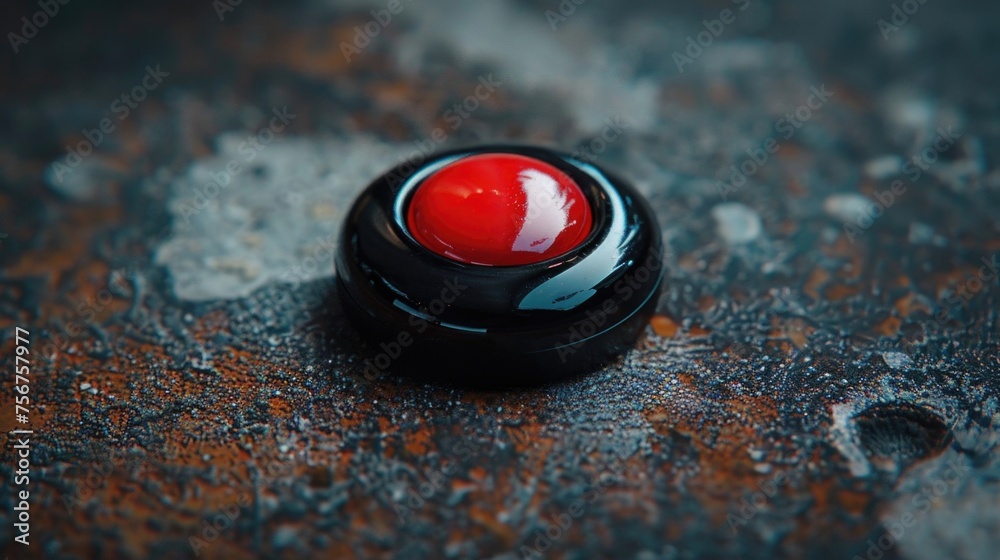 Poster Close up of a red button on a metal surface. Suitable for technology and industrial concepts