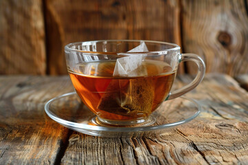 Glass cup of aromatic tea with teabag on wooden background