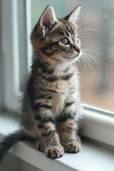 Naklejka na ściany i meble A kitten sitting on a window sill looking out. Perfect for pet lovers and animal enthusiasts