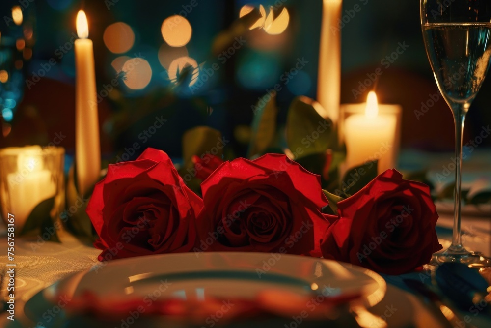 Poster a close up of a romantic table setting with candles and roses. perfect for romantic events and speci