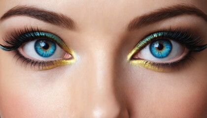 Obraz premium the detailed makeup of a woman's eyes, showcasing vibrant blue eyeliner and immaculately applied mascara against her penetrating blue eyes.