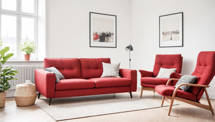 a stylish and cozy Scandinavian apartment living room featuring a dark red sofa, a matching recliner chair, and chic interior design elements.