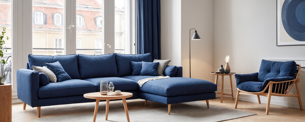 a tastefully designed Scandinavian apartment living room featuring a dark blue sofa, a matching recliner chair, and minimalist decor elements, creating a cozy and stylish atmosphere.