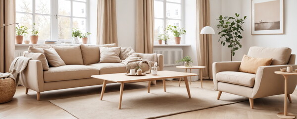 the calm aesthetic of a Scandinavian-inspired living room, featuring a cozy beige sofa, a recliner chair, and minimalist decor bathed in natural light
