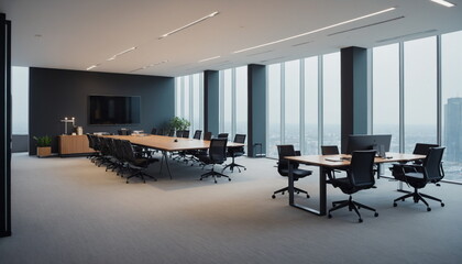 An open office space with a long conference table, chairs, and expansive windows overlooking the city