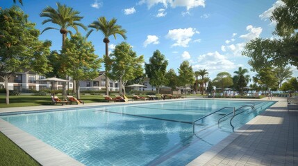 the spaciousness and design features of the recreation area, including the pool, seating areas, and landscaping, to provide viewers with a comprehensive visual experience.