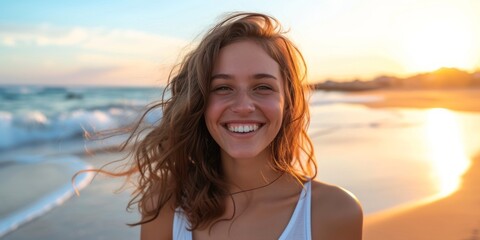Smiling happy brunette on the beach on a sunny day. - obrazy, fototapety, plakaty