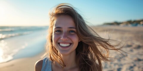 Smiling young brunette on the beach on a sunny day. - obrazy, fototapety, plakaty