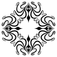 Cross shape animal frame or ornament with stylized octopuses with spiral tentacles. Ethnic Ancient Greek Cretan Minoan style. Black and white silhouette.