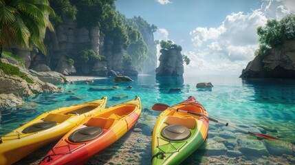 the bright and contrasting colors of the kayaks against the natural backdrop, enhancing the visual appeal and evoking the lively atmosphere of tourist entertainment. - obrazy, fototapety, plakaty
