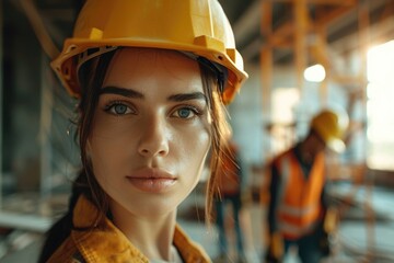 A woman wearing a hard hat at a construction site. Suitable for construction industry concepts - obrazy, fototapety, plakaty