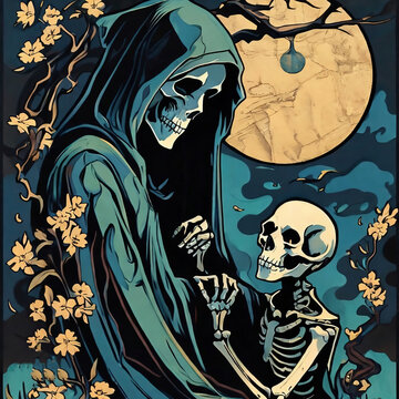 Fantasy scene of a human skeleton kneeling in front of the angel of death with full moon and  floral patterns in the background